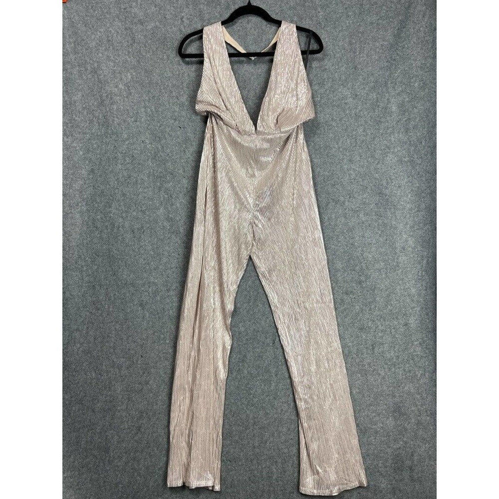 Revolve Jumpsuit Women Small Gold Halter Neck Pleated Plunge V Neck Metallic